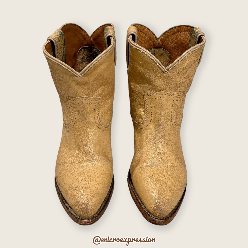 $379 Frye Billy Pull On Sunflower Tan/Beige Crackled Leather Cowboy Short Boot - Picture 10 of 16